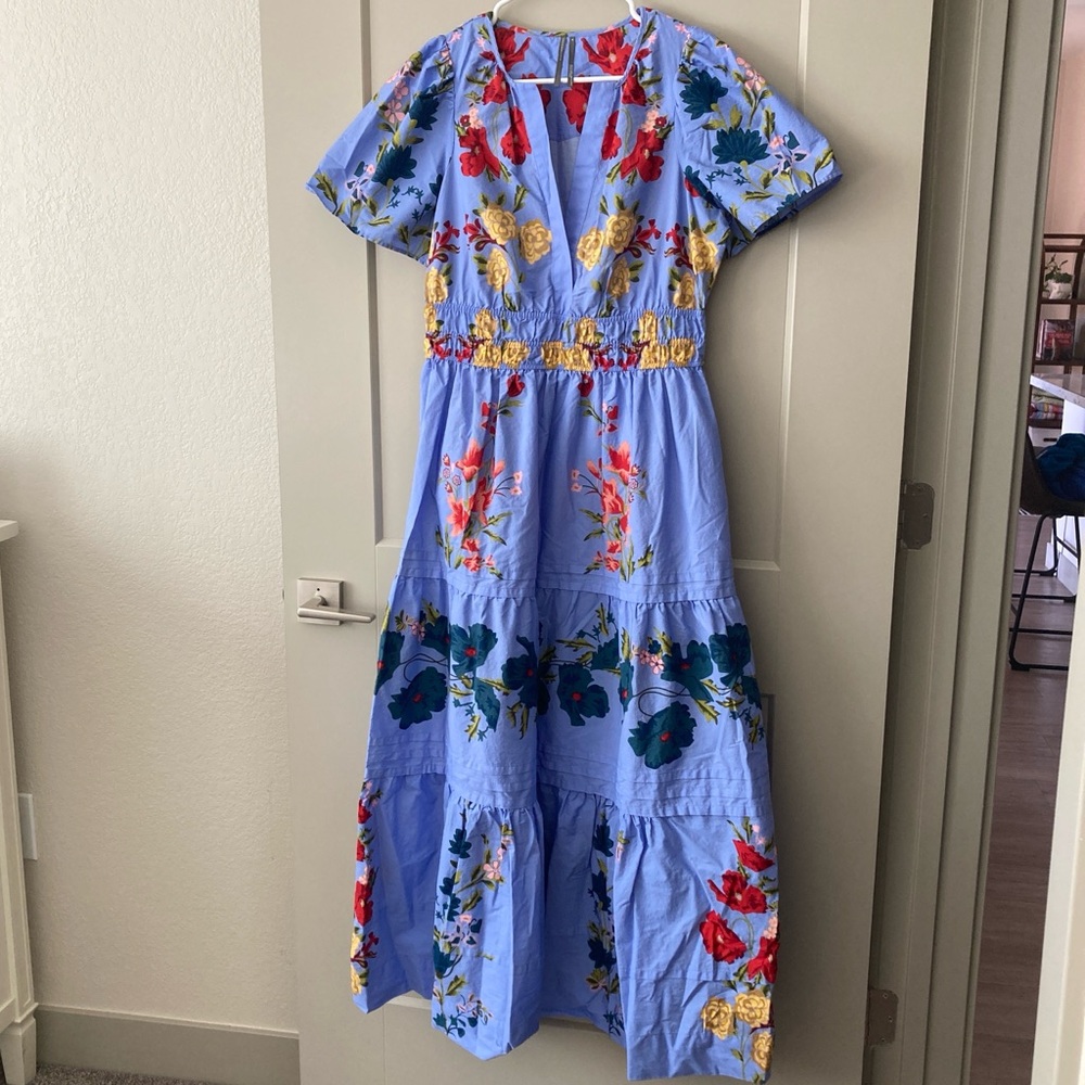 Anthropologie Blue Dress with Red Floral Design